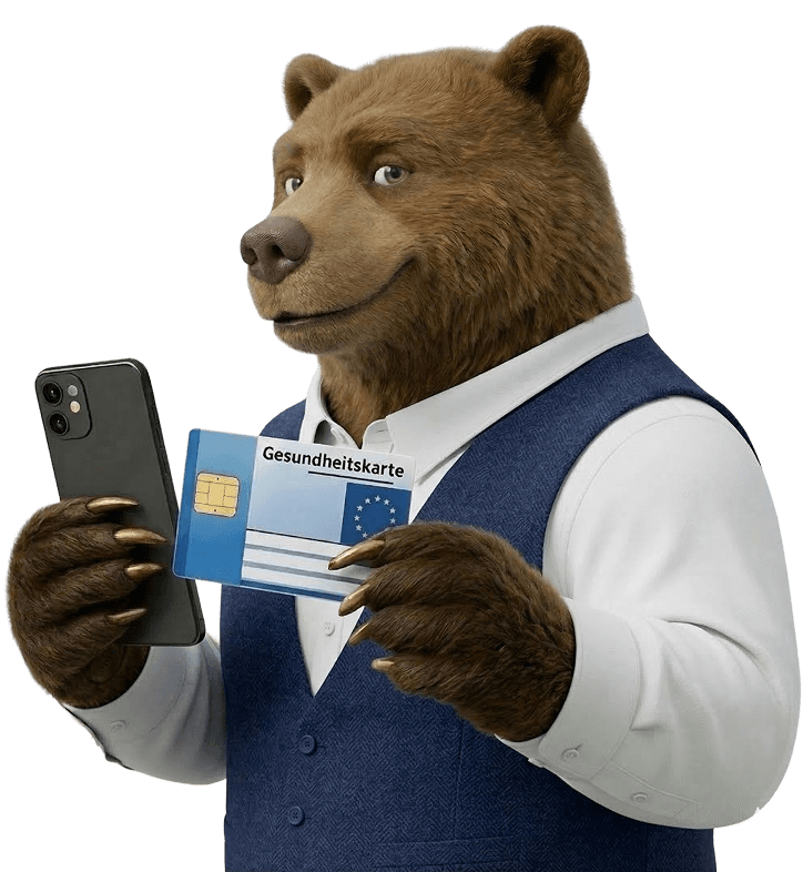 Bär mit Smartphone und Gesundheitskarte